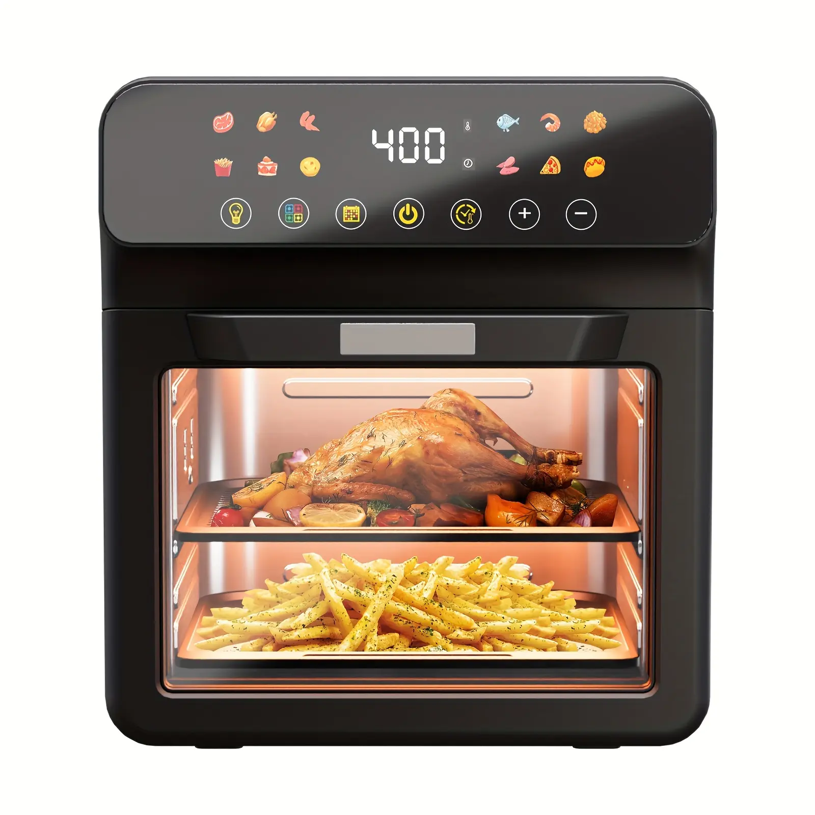 TazTir 6-in-1 12L Digital Touchscreen Multifunction Oven - Countertop Air Fryer, Convection Oven, Dehydrator, Electric Steamer, Quick Defrost, 19 Touch Buttons, XL Family Size, Auto Shutoff, Large Window, 220V Plug, Black, Digital Panel