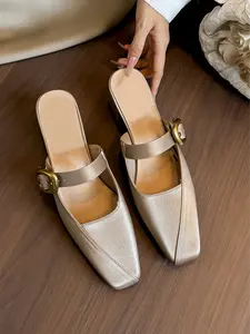 1 Pair Women's Off-white Satin Square Toe Gold Buckle Closed Toe Mule Slides, French Elegant Gentle Style Single Strap Block Mid Heel Mules, Flattering Slimming Versatile Daily Wear For Office Commute Date Shopping Spring Summer