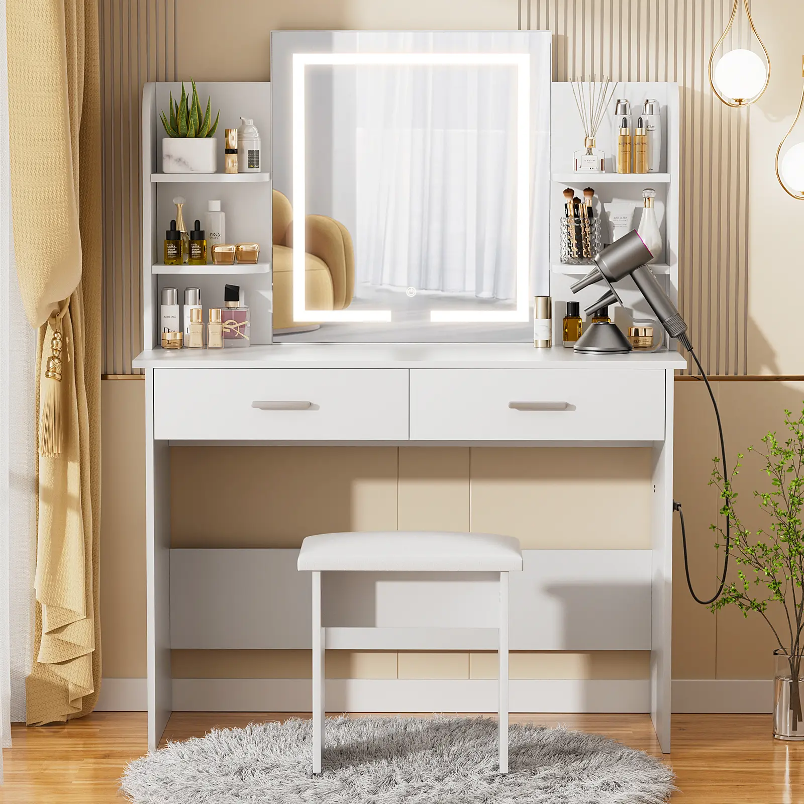 VOWNER Modern Makeup Vanity Desk with Lighted Mirror,2 Drawers,6 Storage Shelves and Cushioned Stool