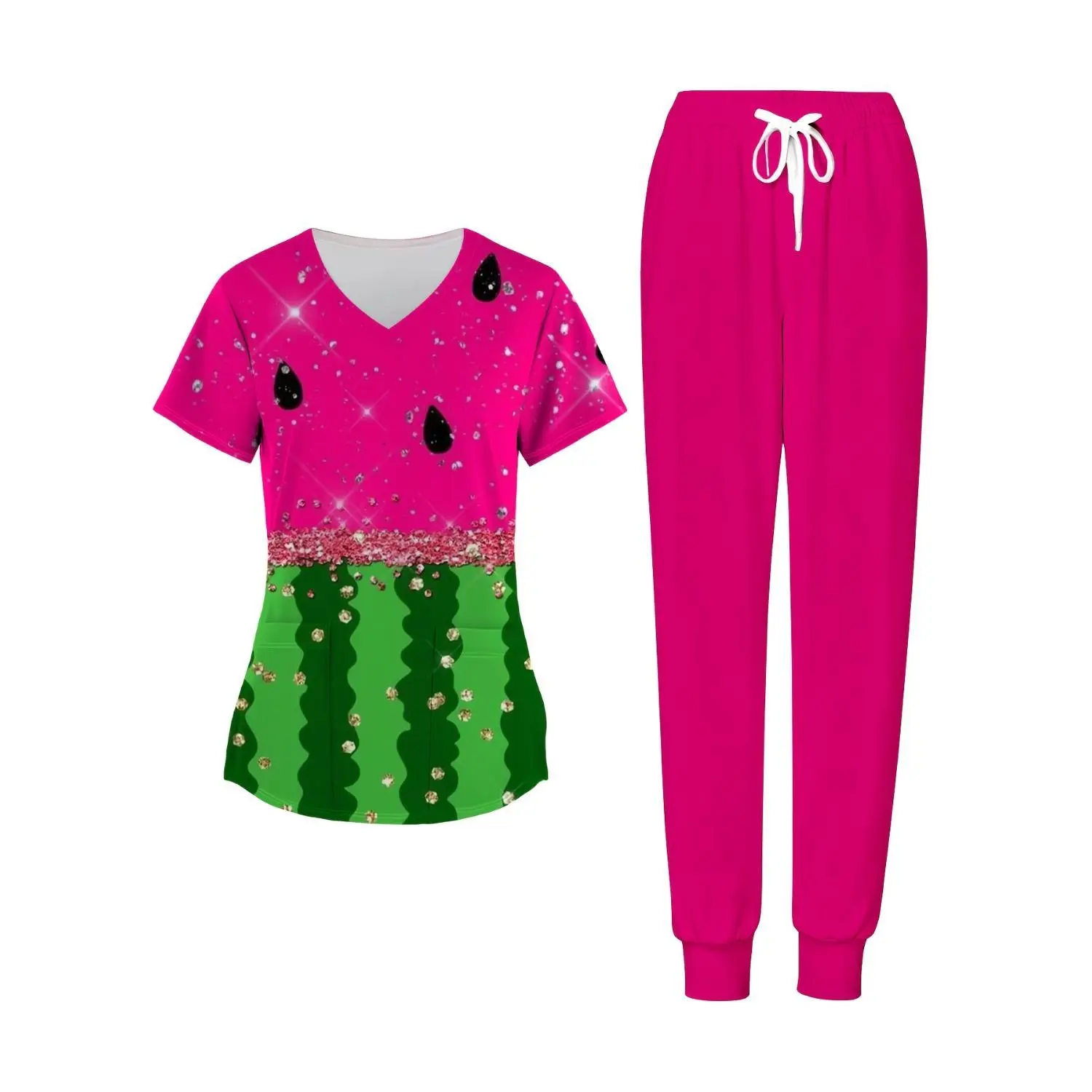 Women’s Watermelon Print Scrub Set - V-Neck Top and Matching Pants with Pockets - Comfortable and Stylish Summer Work Uniform