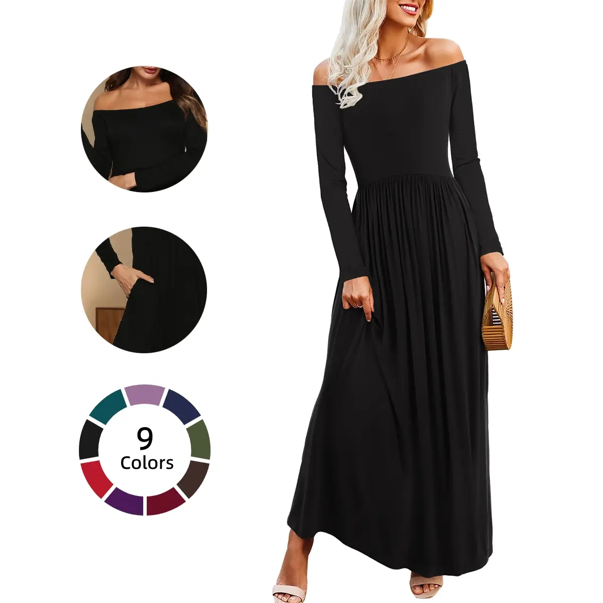 Chicovar Boutiques Women's Off-Shoulder Fall Maxi Dress – Long/Short Sleeve with Pockets, Perfect for Vacation, Dinner & Semi-Formal Occasions,Fall/Sp