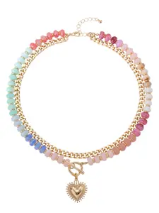 Double Layer Colorful Beaded Cuban Link Choker Chain Necklace, Heart Pendant, Stylish Jewelry for Women, Perfect Gift Idea