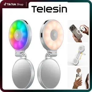 TELESIN Magnetic RGB Selfie Ring Light with Mirror & Phone Stand 360° Full RGB 3 White Light Modes, MagSafe Compatible, Portable Rechargeable LED Fill Light for Makeup, Content Creators, Live Streaming, Video Calls & Travel