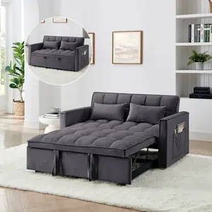3 in 1 Convertible Sleeper Sofa Bed, Modern Futon Couch Pullout Couches Bed, Small Loveseat with Adjustable Backrest, Storage Pockets and Pillows for Living Room,Velvet  (Gray)