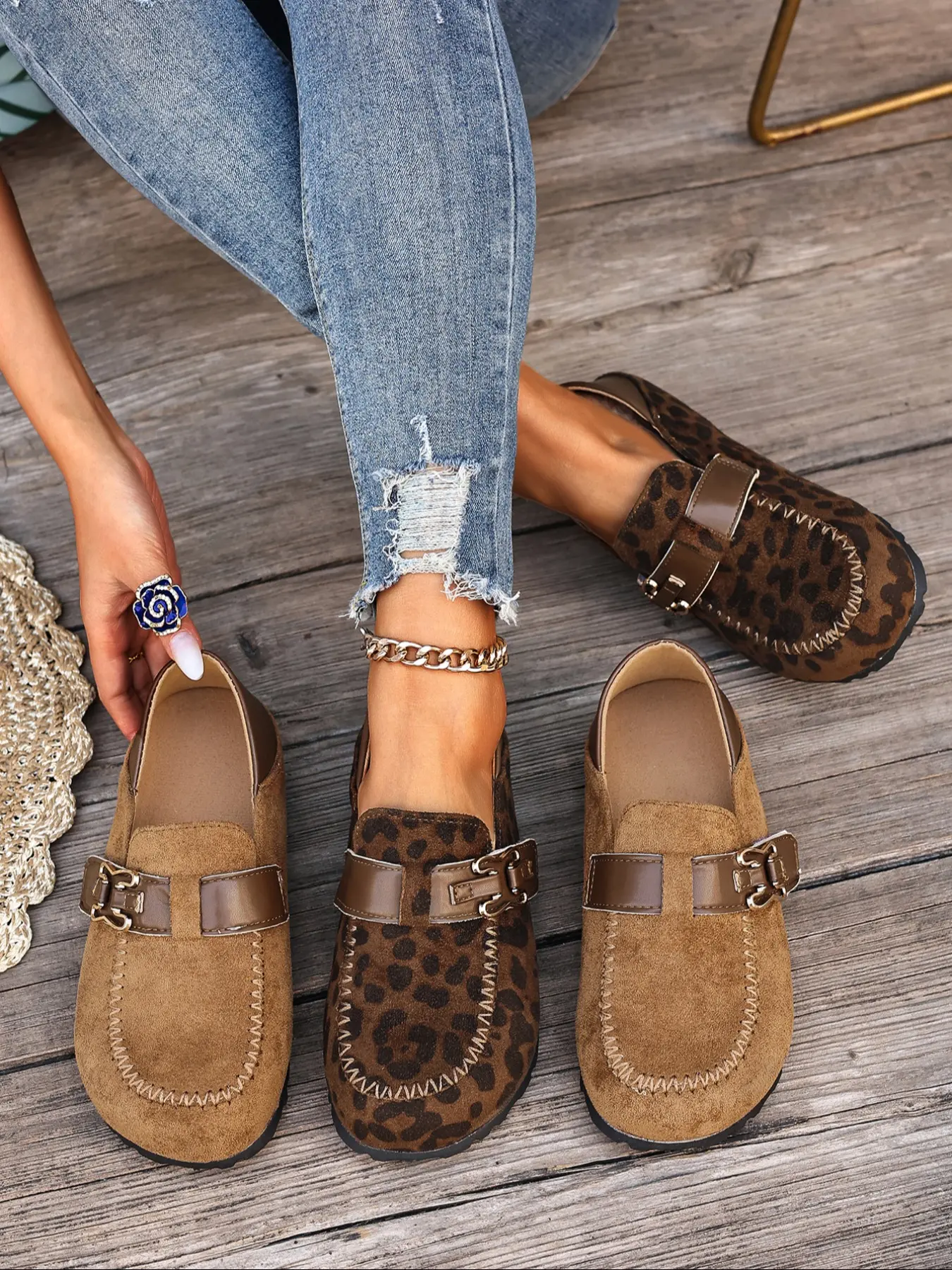 Women's Leopard Print Loafers, Multi-Color Faux Suede Shoes, Summer Flat, Versatile Flats, Handmade Stitching, Retro Comfortable Slip-On Casual Commute Footwear
