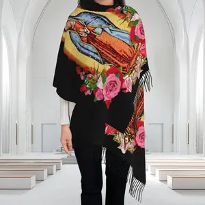 Women's Casual Ethnic Artistic Design Art-Themed Breathable Shawl - Madonna Embroidered, Tassel Dual-Purpose, Machine Washable/Dryable, Featherless Material, Ideal for Autumn & Winter, Artistic Design Shawls, Art-Themed Shawls