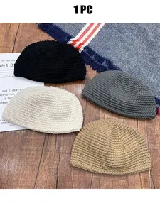1 Piece Wheat Shape Hat Handmade Warm Knitted Cap for Men & Women, Short Winter Woolen Beanie, Muslim Prayer Scarf, Islamic Fasting Kippah