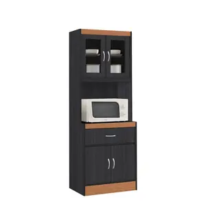 212 MAIN Modern Sleek Wood Kitchen Sideboard - Hodedah HIKF96 Black-Beech (70.86x15.75x23.85 in.) Kitchen Cabinet with 1 Drawer, Transparent Microwave Slot, Efficient Space-Saving Design