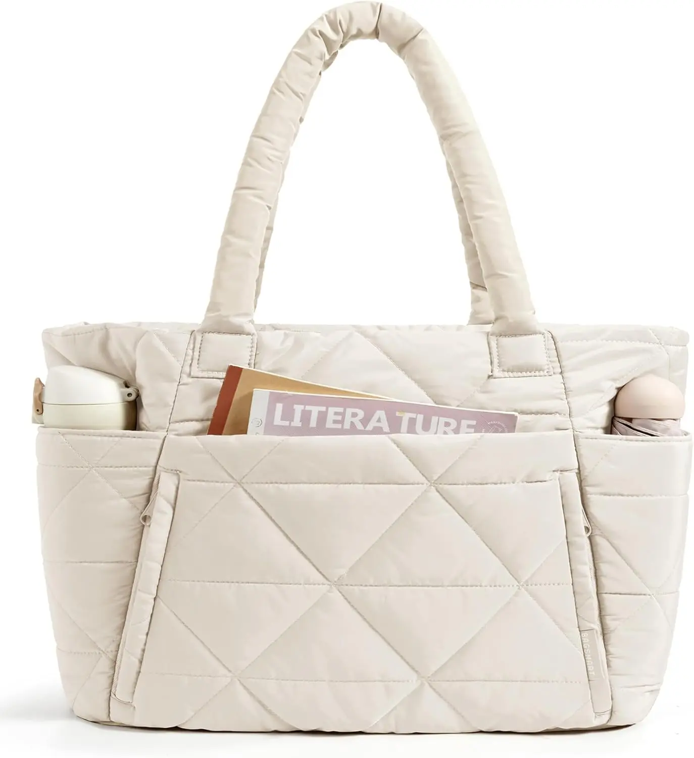 Tote Bag for Women, Puffer Tote Bag with Zipper, Large Quilted Shoulder Bag with Compartments for Travel, Work, Gym Organic Cotton Clutch Bag Lightweight