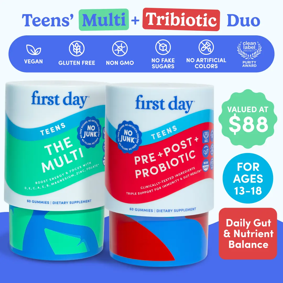 First Day Teens Organic Chewable Dietary Supplement Multivitamin + Tribiotic Gummies Bundle - 30-Day Supply for Ages 13+ - Vitamins A,C,D3,B12,Folate + 3-in-1 Pre,Pro,Postbiotics - Supports Gut,Energy,Digestion,Skin Health