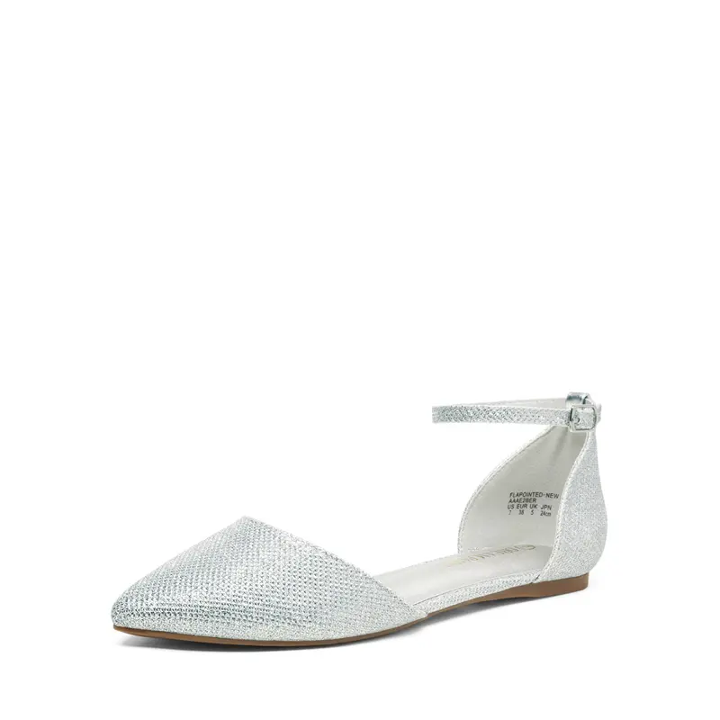 Dream Pairs Women's Pointed-Toe Suede Soft Ballerina Flats - Glitter Ankle Strap, Casual Wear, Cushioned Footbed, Flat Heel, Rubber Sole Shoes, Footwear, Glitter Finish, Flexible, Silver Glitter
