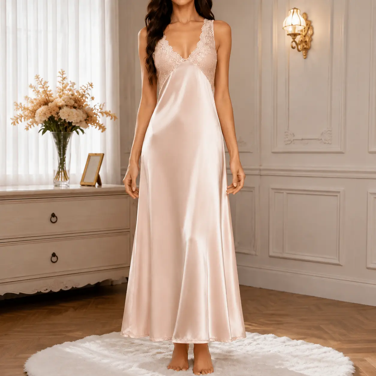 Women's Elegant Pink Satin Nightgown - V-Neckline, Lace Trim - Womenswear Sleepwear & Loungewear Nightdress