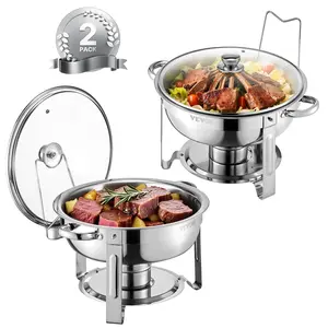 【Summervibes】VEVOR Chafing Dish Buffet Set,  5 Qt 2 Pack, Stainless Steel Chafer with 2 Full Size Pan, Round Catering Warmer Server with Glass Lid Water Pan Folding Stand Fuel Holder, for Wedding Party Banquet, Silver