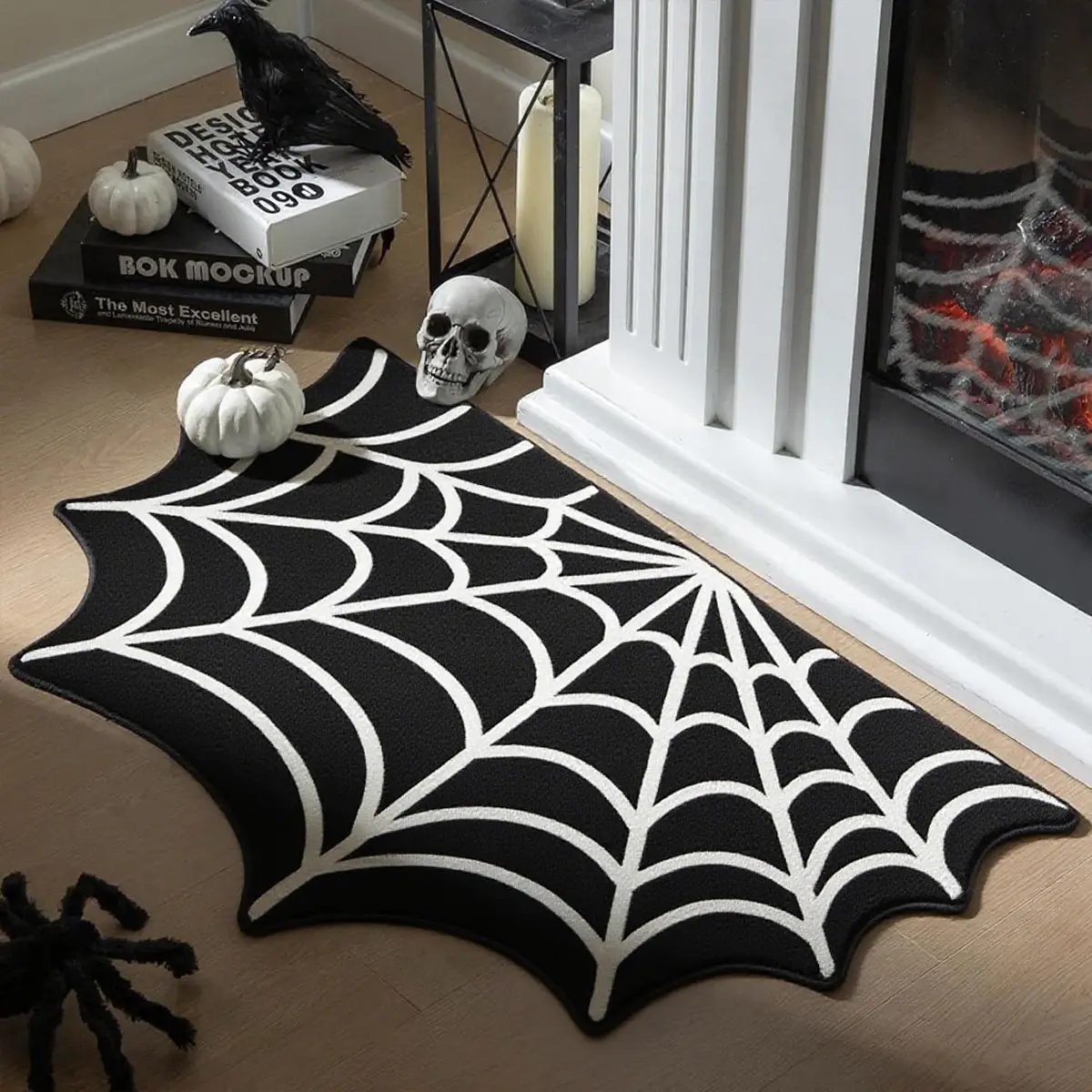 Halloween Spider Web Carpet, Soft Plush Area Rug for Fireplace, French Country Style Decorative Mat for Living Room Bedroom, Floor Mat, Home Decor Rugs