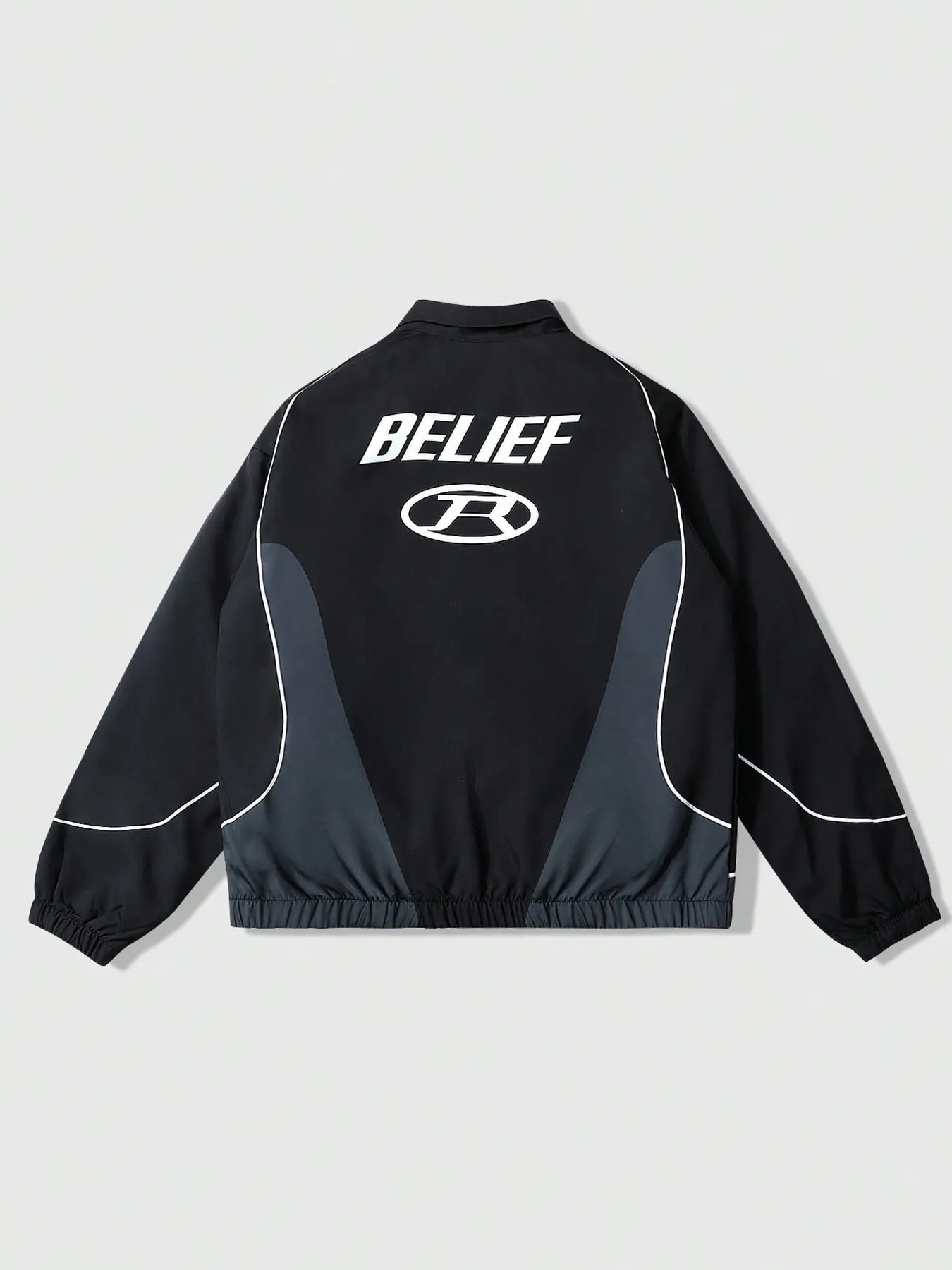 Retro Racer Style Windbreaker Jacket - Black Gray Color Block Zip-up with White Piping and Collar, Unisex Techwear Lightweight Fall Outerwear, Y2K Motorcycle Coats, Zip Up Jackets