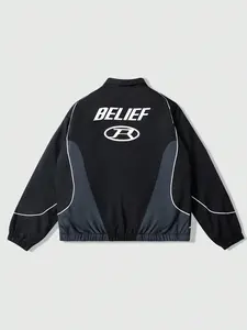 Retro Racer Style Windbreaker Jacket - Black Gray Color Block Zip-up with White Piping and Collar, Unisex Techwear Lightweight Fall Outerwear, Y2K Motorcycle Coats, Zip Up Jackets