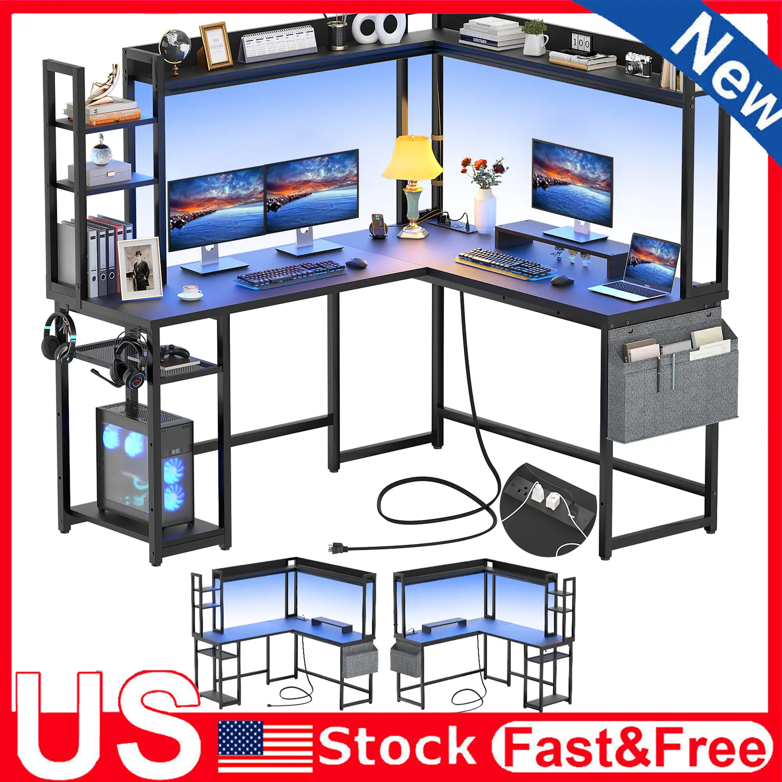 L Shaped Gaming Desk, Reversible L Shaped Desk with Power Outlet and Led Lights, Gaming Desk Corner Computer Desk with Hutch, Monitor Stand and Storage Bag for Home Office, Black,dorm essentials,home decor