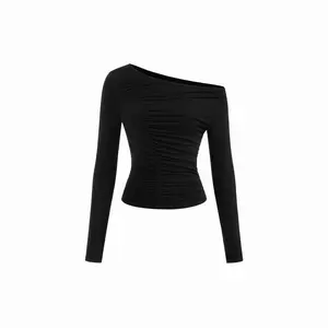 Cider Asymmetrical Neckline Long Sleeve Ruched Tee