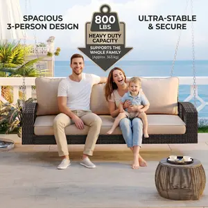 Eyisean 69 Inch 3-Seater All Weather PE Wicker Porch Swing with Heavy Duty Hanging Chains, 800 LBS Weight Capacity Patio Swing Bench with Waterproof Removable Cushion, Gray & Brown Rattan Swing Chair for Backyard Garden Poolside
