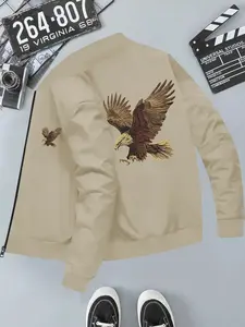 Vintage Eagle Print Stand Collar Jacket, Loose Fit Casual Top, Long Sleeve, All Seasons, Polyester Fiber