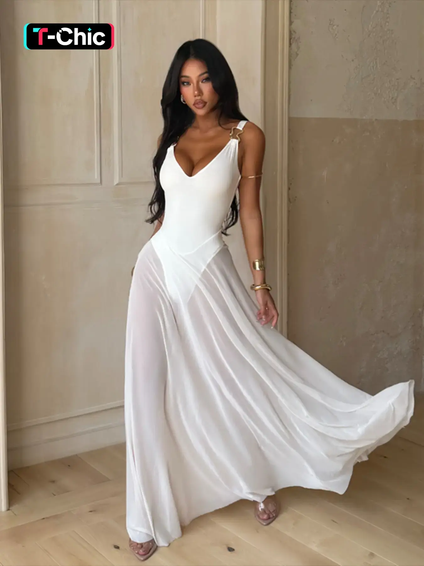 Women's Plain Minimalist Deep V Neck Tulle Sheer Cami Lightweight Fit Dress, Elegant Chic Sleeveless Maxi Party Wedding Gown Prom Wedding Dress for Evening Party Holiday Wedding Guest Formal Wear, Ladies Summer Clothes, Brunch Dresses