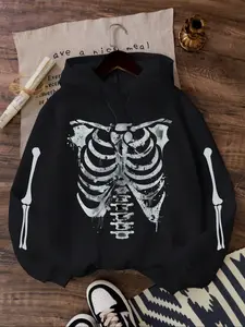 Women's Halloween Bone Pattern Skeleton Hoodie, Casual Long Sleeve Loose-Fit Top, Unique Fall & Winter Fashion, Comfortable and Stylish