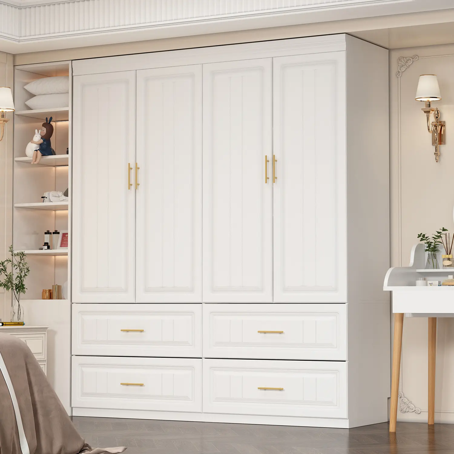 FUFU&GAGA Wooden Freestanding Wardrobe - White Particle Board Storage Furniture with Hanging Rods and Drawers, Wardrobe Organizer Cabinet
