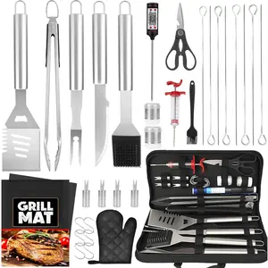 BBQ Grill Accessories, 32 count Grilling Gifts for Men Birthday Fathers Day, Heavy Duty Stainless Steel Grill Tool Set, Grill Utensils Kit for Outdoor Grill with Case, Thermometer & Meat Injector