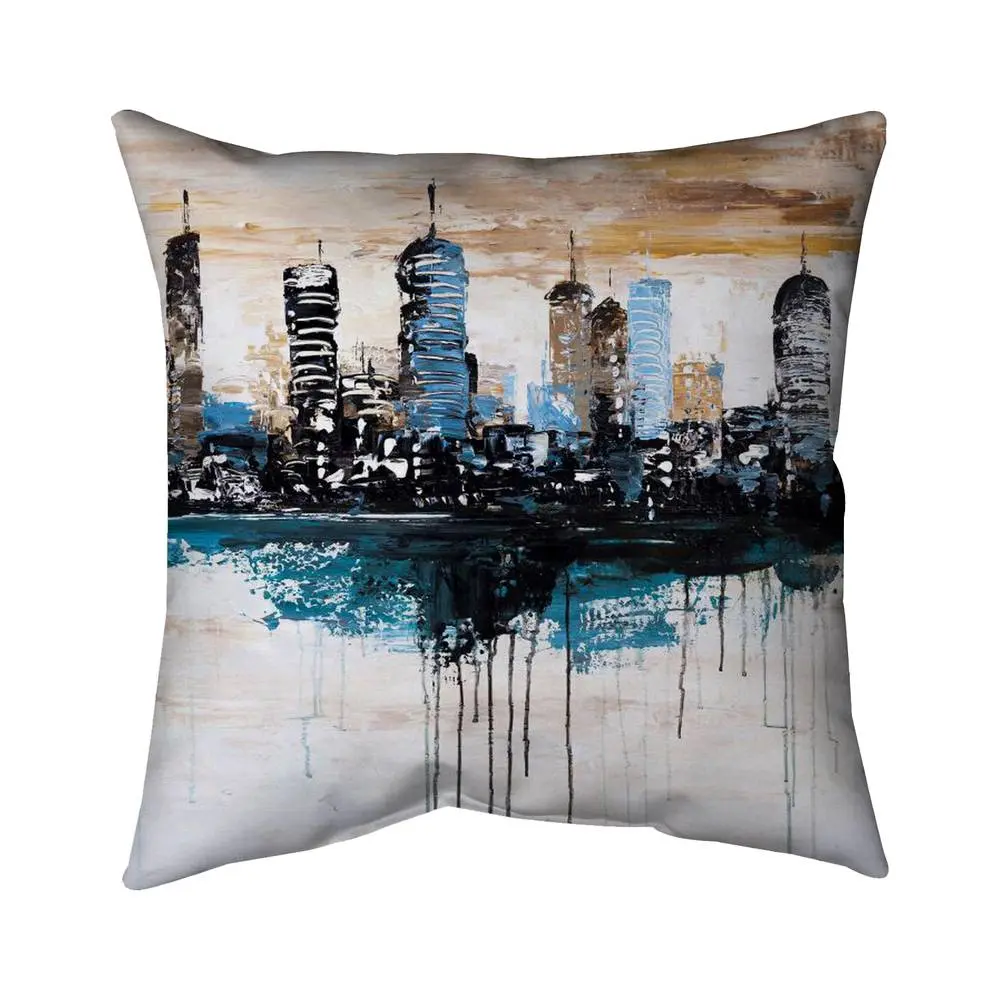 360 stand Urban Industrial Blue 16x16 in. Durable Pillow, Buildings on the Horizon Design, Textiles & Soft Furnishings Home Decor Accessory, Modern, Contemporary, Down, Blue Graphic Print Standard Pillows