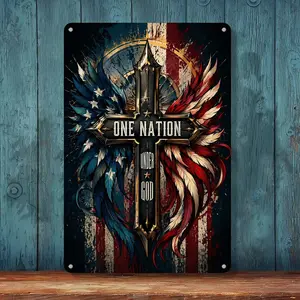 One Nation Under God Cross Eagle Wings Vintage Metal Tin Sign Patriotic Decor