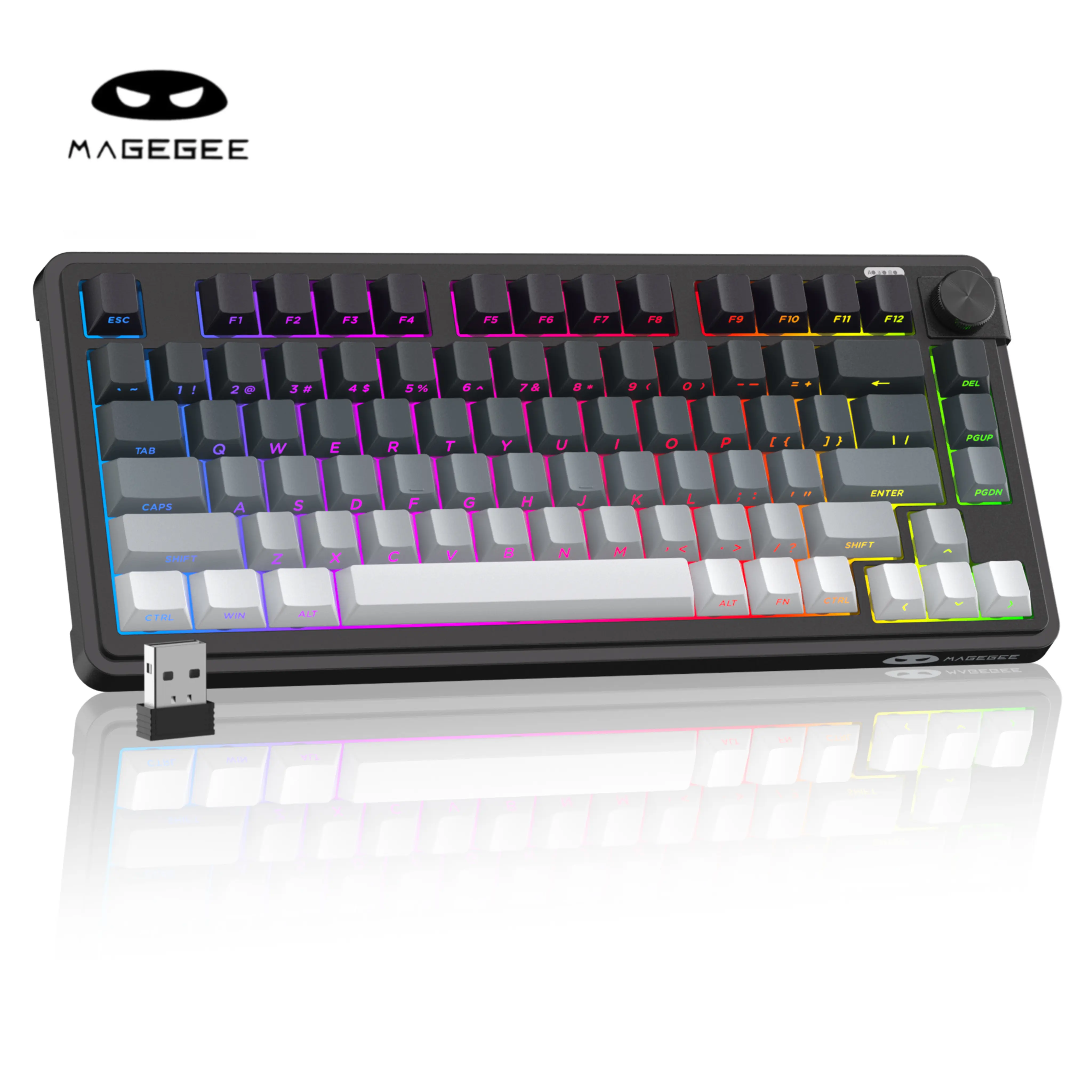 MaGegee GK950 2.4G BT Type C Tri-Mode Membrane Keyboard RGB Lighting, Multi-functional knob design, Mixed-Color keycaps, Dual-System Support