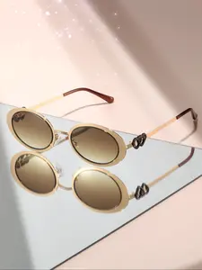 Light Vintage Oval Small Frame Fashion Sunglasses, Metal Frame Heart-Shaped Decoration, Casual Style for All Seasons, Vintage Trendy Sunglasses