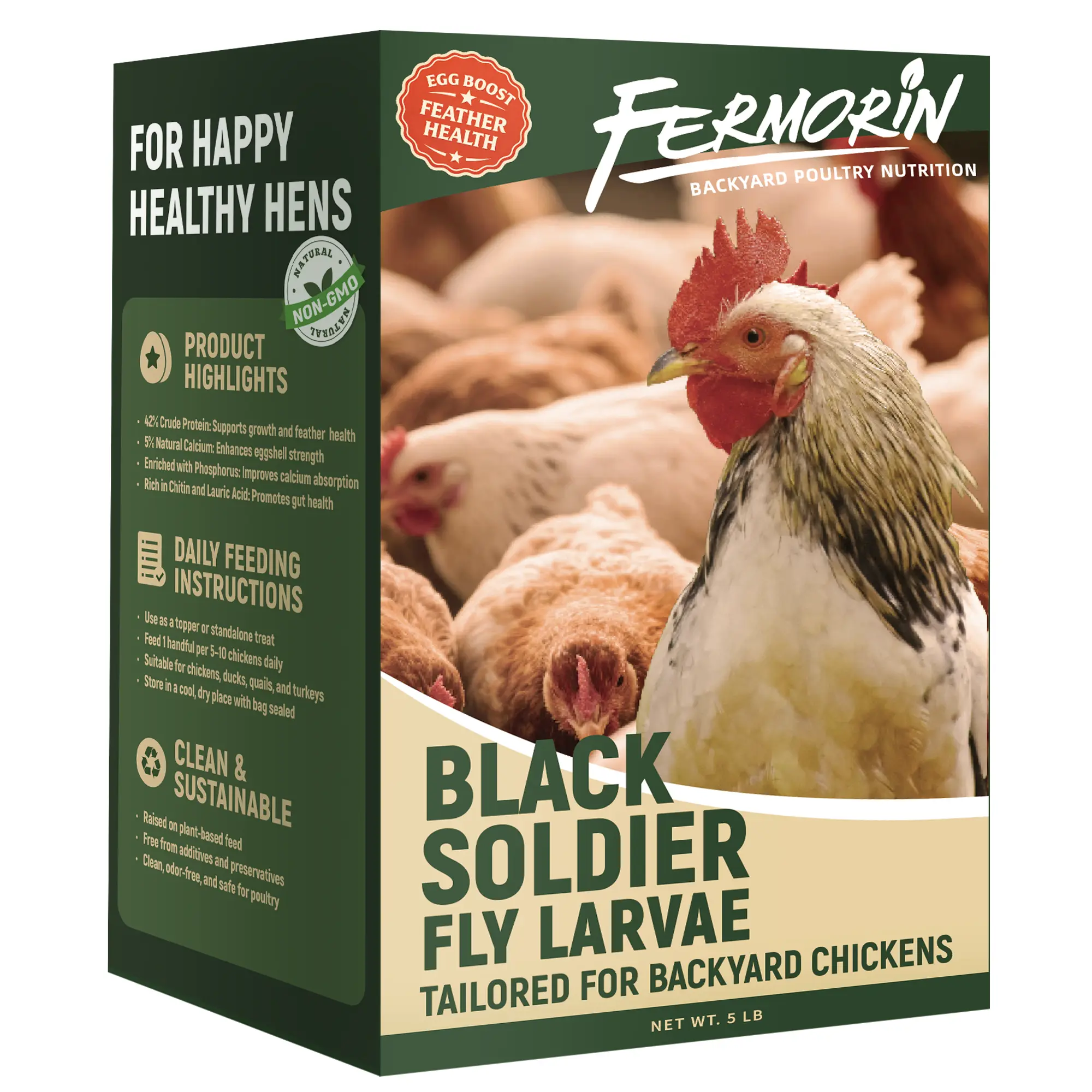 Fermorin 5lbs Dried Black Soldier Fly Larvae for Chickens, High Protein Chicken Feed with 85X More Calcium Than Mealworms, Non-GMO Natural BSFL Treats for Laying Hens, Ducks, Quail, Birds & Reptiles