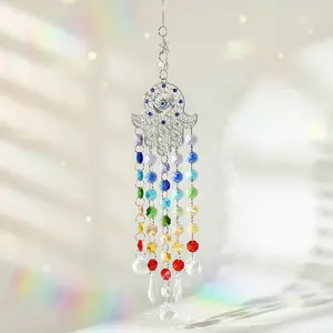 Evil Eye Hamsa Hand Suncatcher with Crystal Ball Prisms, Rainbow Chakra Beads, Protection Amulet Wall Decor, Hanging Wall Art, Hanging Ornaments, Spiritual Zen Gift for Women