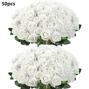 50 artificial roses, long-stem Decorative bouquet, suitable for weddings, parties, floral arrangements, table centerpieces and decorations, Flower