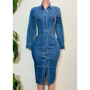 JANELLE  MEDIUM DENIM STRETCHY FITTED POCKET LONG SLEEVE MIDI DRESS