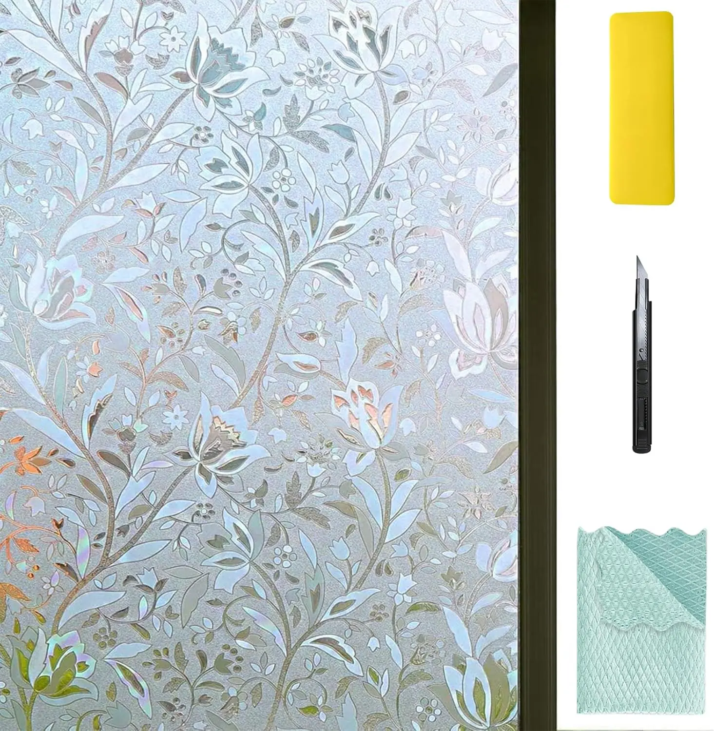 3D Frosting Static Cling Window Privacy Film with Installation Tools Decorative Flower Privacy Film for Home 17.7" x 78.7"