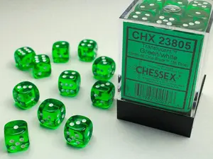 Translucent (Green/White) Chessex Brand 12mm D6 Dice Set 36ct.