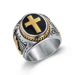 Christ's Cross, a popular two-tone vintage men's ring, featuring a gold cross and the symbol of God's hand.