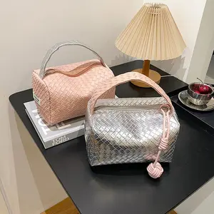 Women's Woven PU Leather Toiletry Organizer - Waterproof Structured Tote with Top Handle, Zip Closure, Hanging Design, Large Capacity, Soft Blush Pink & Sleek Metallic Silver Portable Makeup Storage Bag