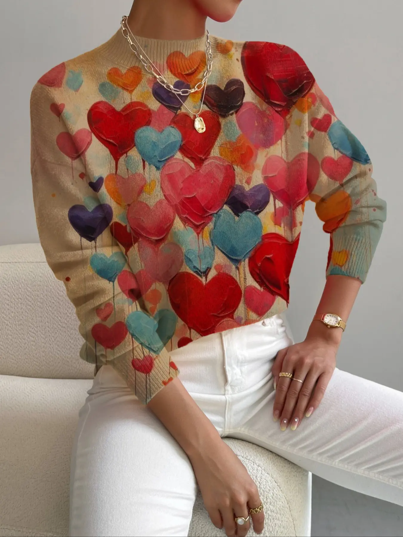 Women's Fall Winter Knit Sweater, Elegant Heart Pattern Design, Casual & Commute Wear, Perfect Valentine Gift, Soft Warm Comfortable, Knitwear