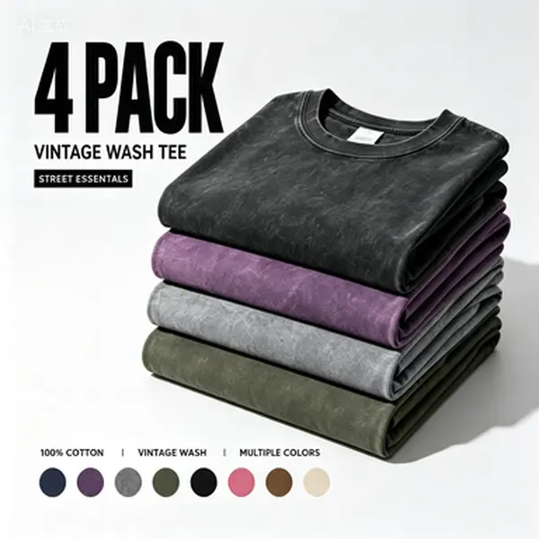 Men's 4-Pack Oversized 100% Cotton Loose-Fit Medium Length Vintage Heavyweight Acid Wash Baggy T-Shirts - Unisex Gym Workout Streetwear Beige Tops, Plain Design, Menswear