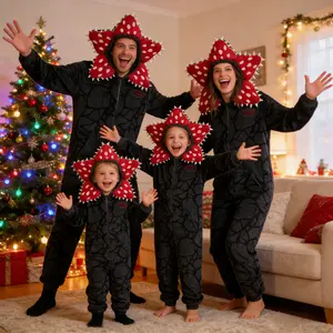 Cute Family Onesie Fleece Fabric Cosplay Costume Pajamas Kids Adults Hooded Jumpsuit Christmas New Year Sleepwear for Boys and Gilrs Upside Pjs