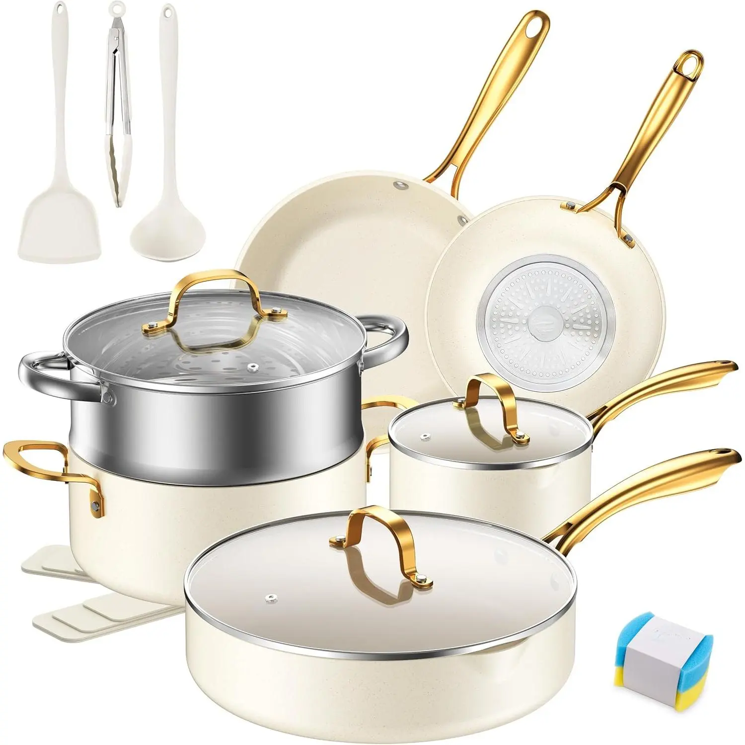 15-Piece Multi-Size Thickened Nonstick Ceramic Frying Pans & Steel Saucepan Pot Set with Lids, Induction Compatible, Oven Safe, Non-Toxic, PFOA & PTFE Free, Gold White Kitchenware Set, Cookware