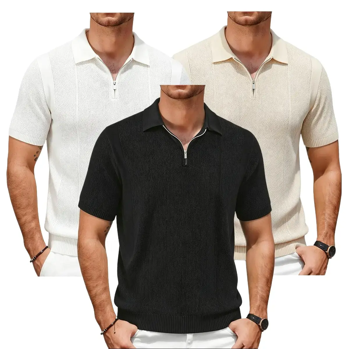 Men's 3-Pack Ribbed Knitted Polo Shirt, Short Sleeve Rayon Top with Diamond Texture and Zipper for Business Casual Wear, Plain