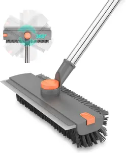 Floor Scrub Brush with Long Handle, 3 in 1 Heavy Duty Stiff Bristle Deck Brush with Scraper & Built-In Squeegee, 360° Rotating Adjustable Handle Floor Scrubber for Bathroom Shower, Tile, Patio, Garage, Concrete, Kitchen & Outdoor Cleaning Tool