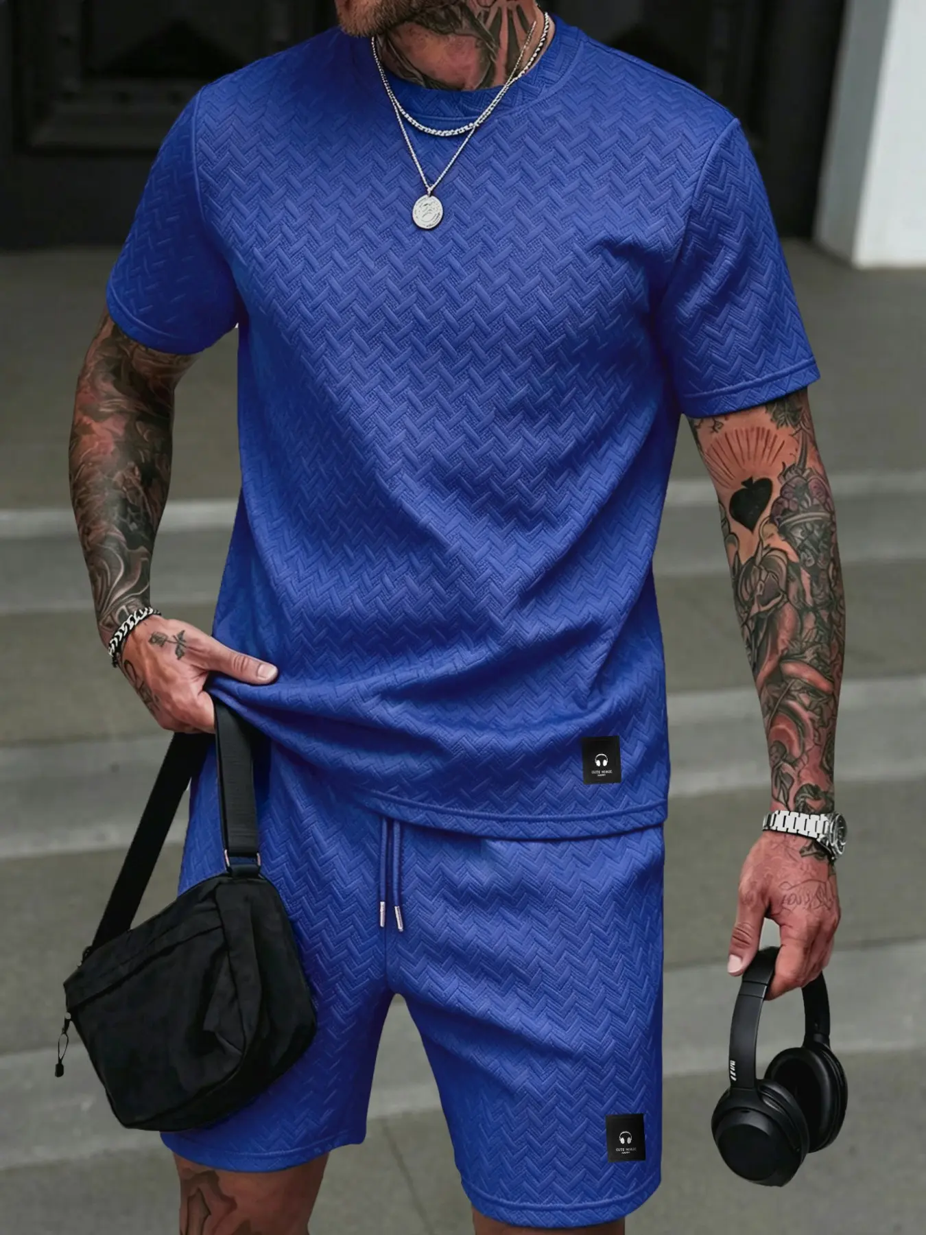 Men's Herringbone Textured T-Shirt & Shorts Set, Casual Summer Breathable Clothes Co-Ord with Logo Tags, Minimalist Streetwear Outfit #TexturedSet #SummerCoOrd #StreetwearOutfit #BreathableCasual #TikTokMadeMeBuyIt