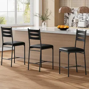 Gaomon Upholstered Leather Barstools Set of 2/4 – Counter Height Metal Chairs with Contoured Wooden Back, Thick Cushions, Footrest for Kitchen Island, Apartment (Black), Contoured Back