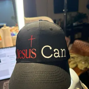 Jesus Can Hat Velcro strap fit. Baseball hat. Black with red and white lettering