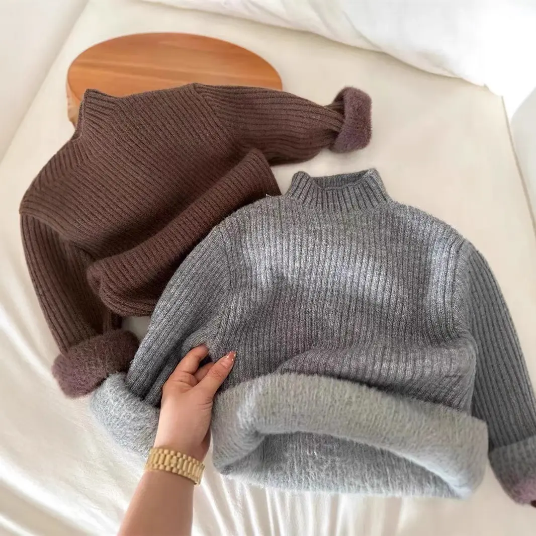 Children's Sweater Winter Style Boys Half Turtleneck Solid Color Fleece Lined Base Layer Girls Stylish Pullover Knitwear